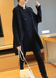 French Black Oversized Patchwork Double Breast Woolen Coat Spring