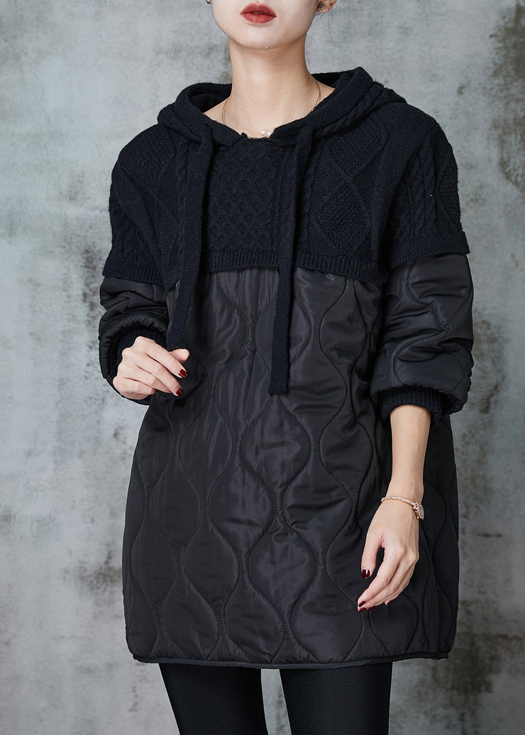 French Black Oversized Patchwork Fine Cotton Filled Sweatshirt Winter