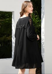 French Black Oversized Patchwork Lace Chiffon Dresses Bracelet Sleeve