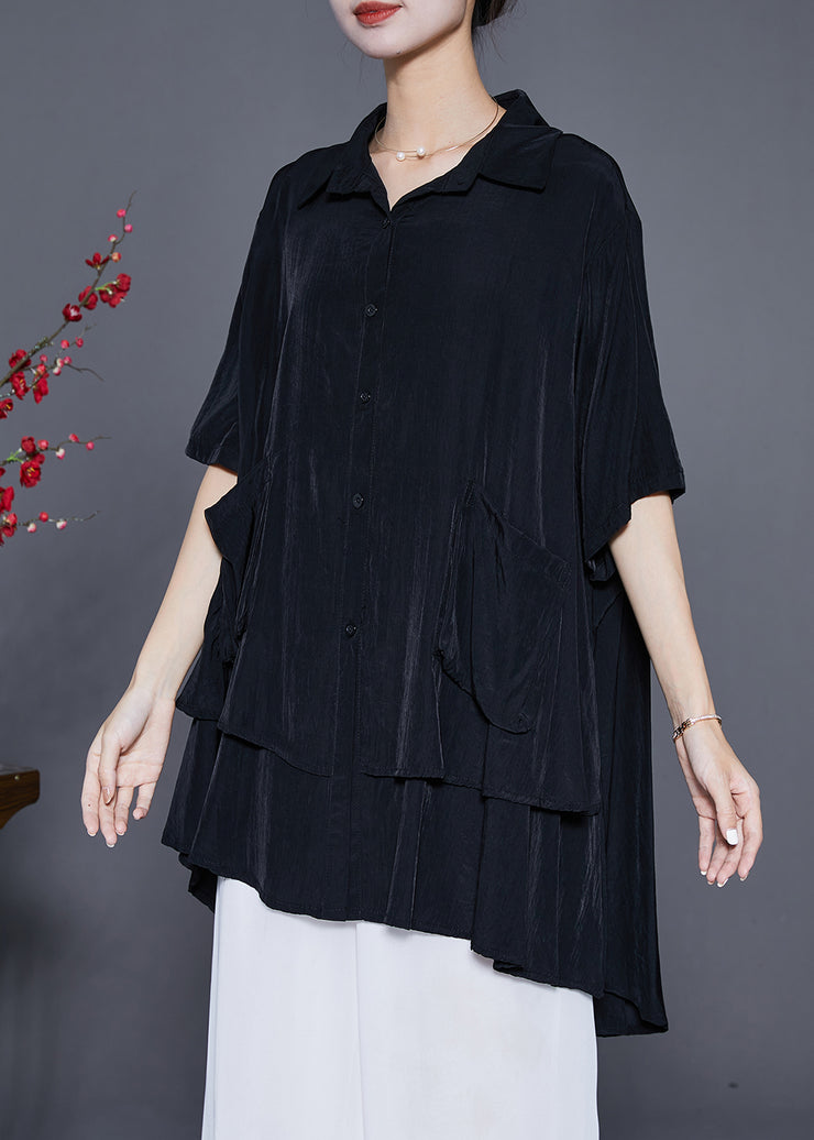 French Black Oversized Patchwork Low High Design Cotton Top Summer