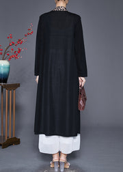 French Black Oversized Patchwork Pockets Cotton Long Cardigan Fall