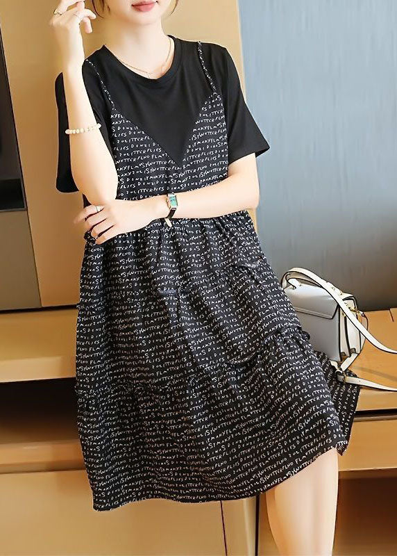 French Black Oversized Patchwork Print Cotton Fake Two Piece Mid Dresses Summer