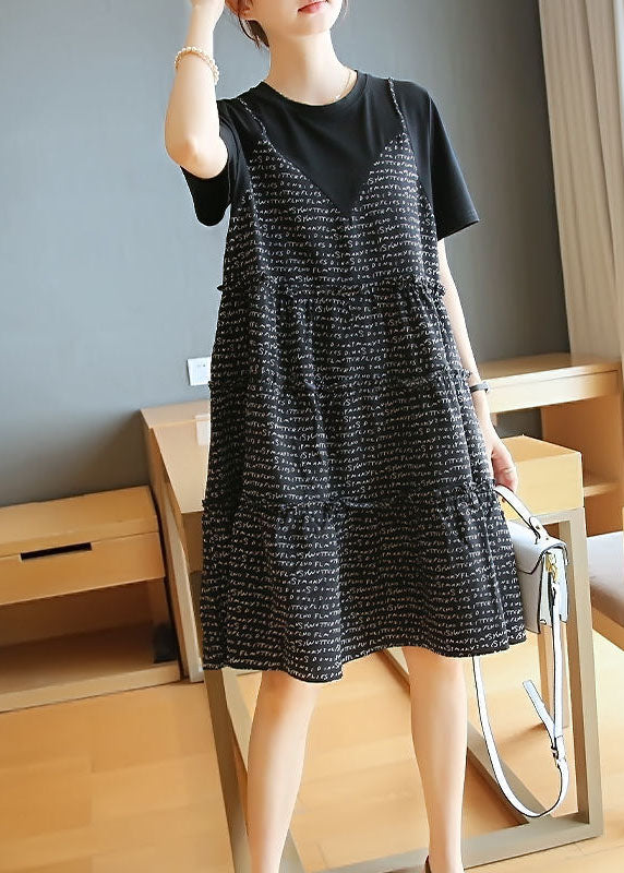 French Black Oversized Patchwork Print Cotton Fake Two Piece Mid Dresses Summer