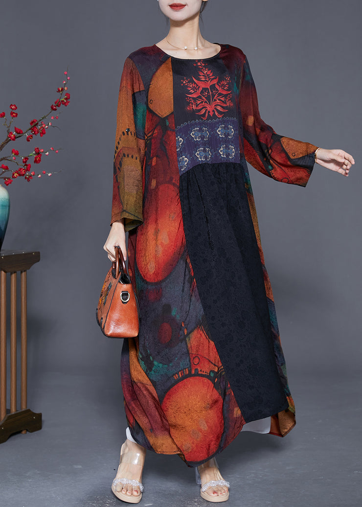 French Black Oversized Patchwork Silk Maxi Dresses Summer