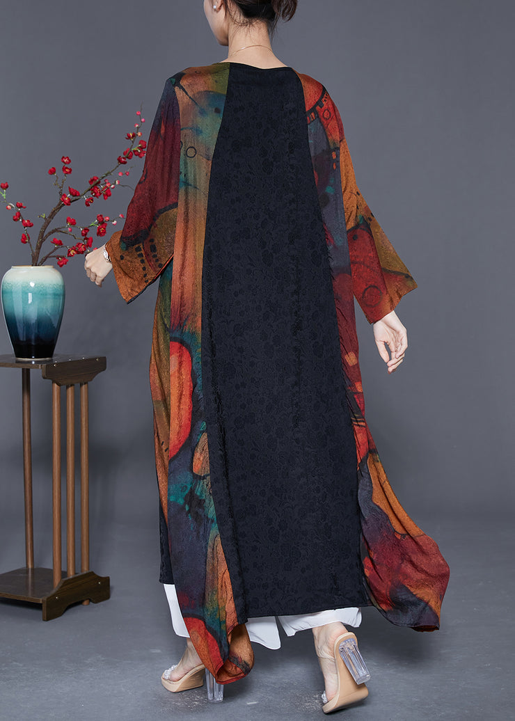 French Black Oversized Patchwork Silk Maxi Dresses Summer