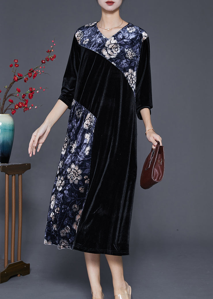 French Black Oversized Patchwork Silk Velour Dresses Half Sleeve