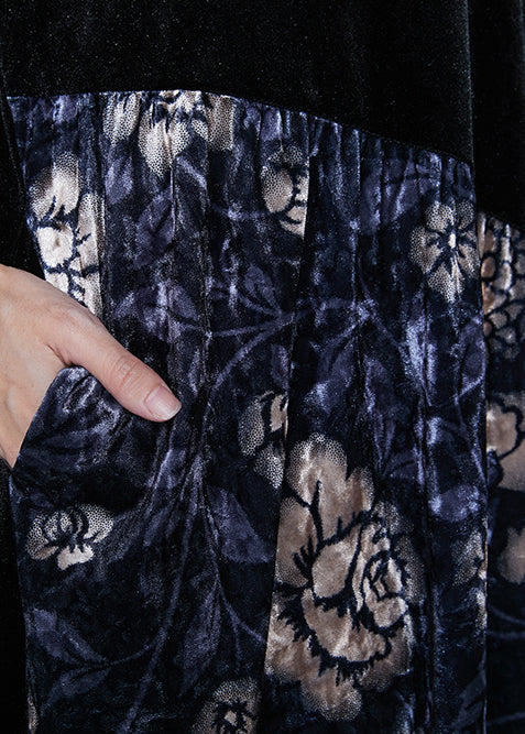 French Black Oversized Patchwork Silk Velour Dresses Half Sleeve