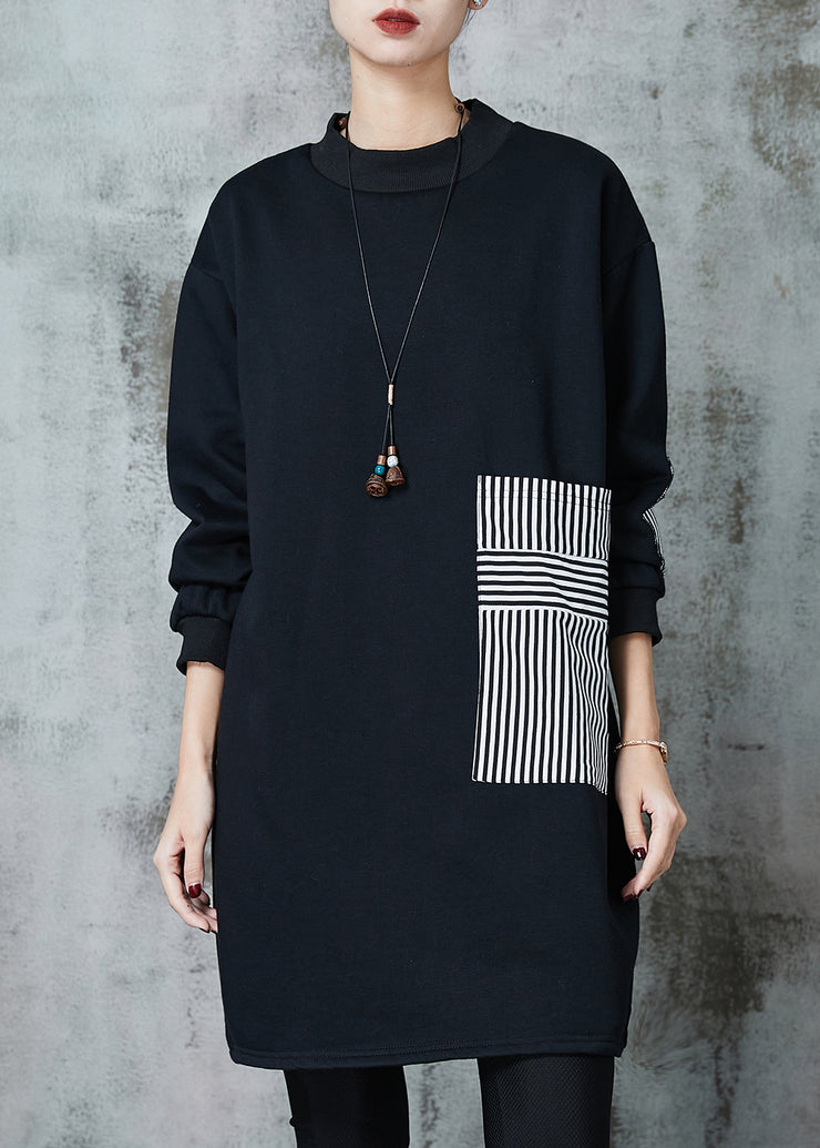 French Black Oversized Patchwork Striped Cotton Sweatshirt Dress Spring