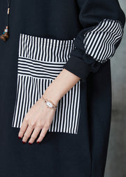 French Black Oversized Patchwork Striped Cotton Sweatshirt Dress Spring