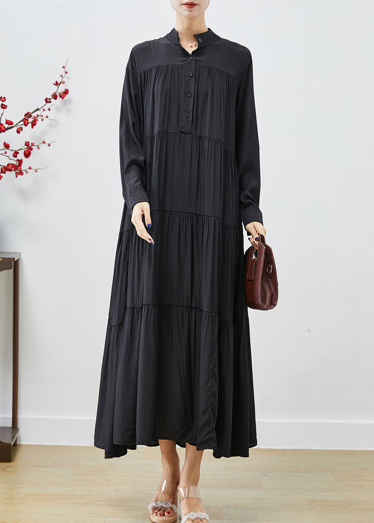 French Black Oversized Patchwork Wrinkled Cotton Dress Fall