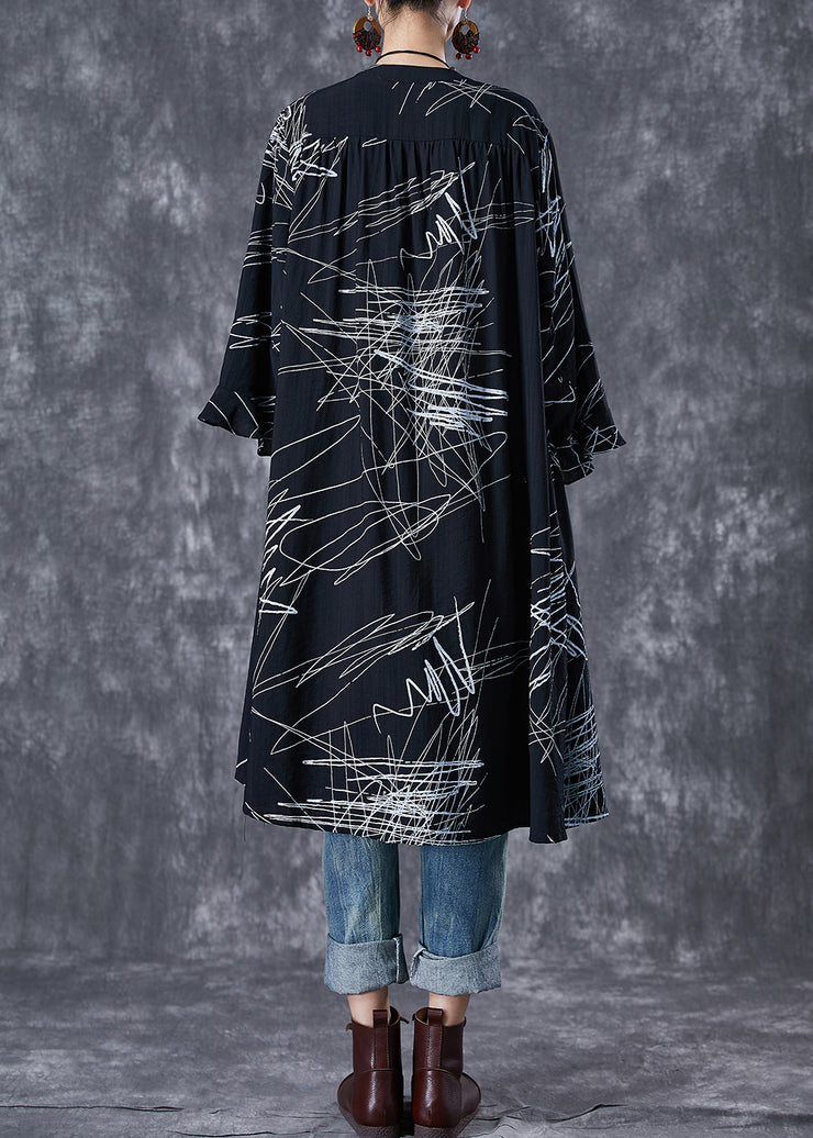 French Black Oversized Print Wrinkled Maxi Dresses Butterfly Sleeve