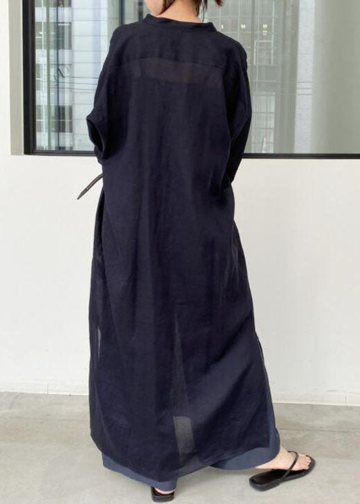 French Black Oversized Side Open Linen Shirt Dresses Spring