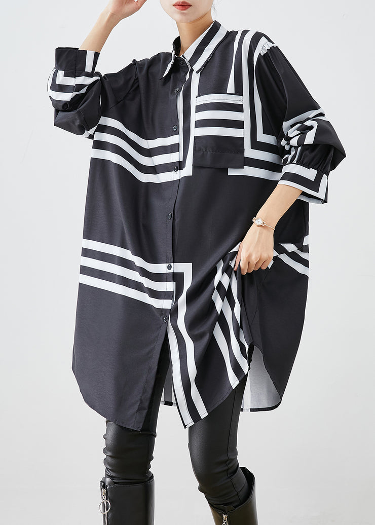 French Black Oversized Striped Cotton Long Shirt Fall