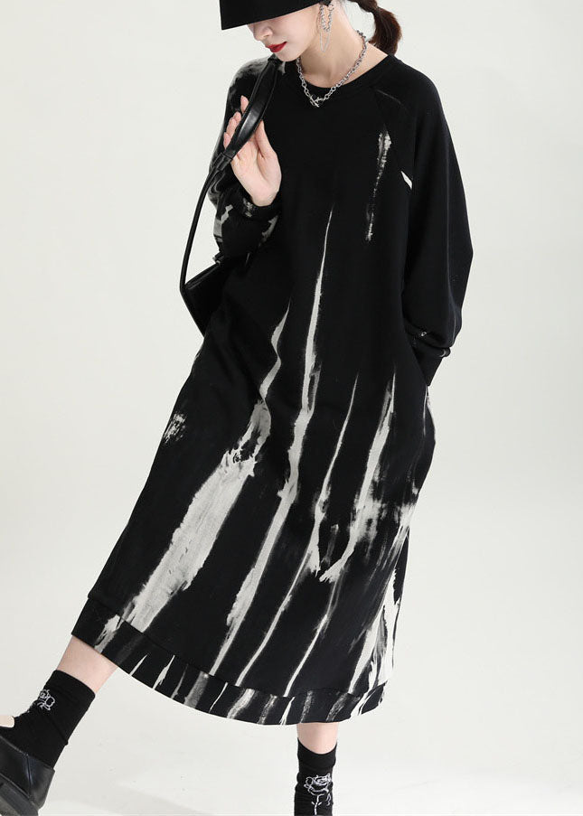 French Black Oversized Tie Dye Cotton Pullover Streetwear Dress Fall