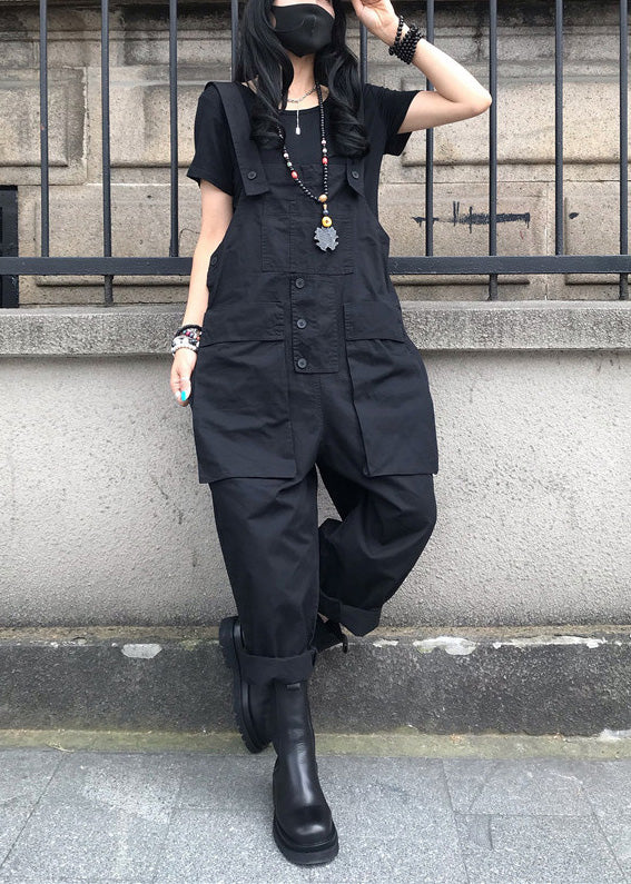 French Black Patchwork Button Solid Jumpsuit Summer
