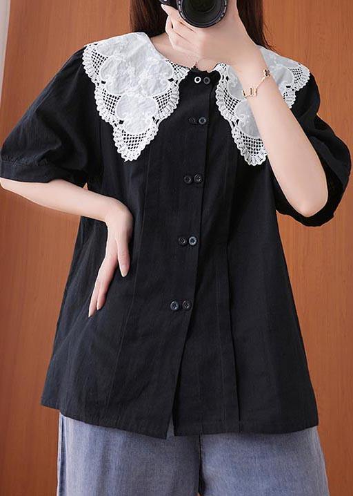French Black Patchwork Lace Cotton Linen Shirt Top Summer - SooLinen