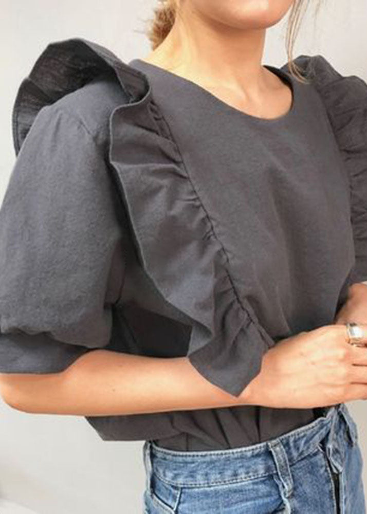 French Black Patchwork Ruffles Cotton Blouse Top Lantern Sleeve