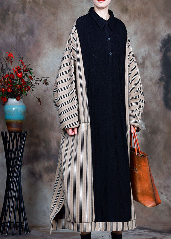 French Black Patchwork Striped Button Fall Sweater Dress