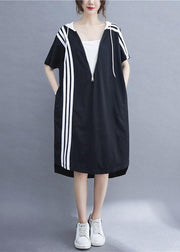 French Black Patchwork Striped low high design Ankle Dress Summer - SooLinen