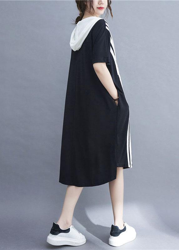French Black Patchwork Striped low high design Ankle Dress Summer - SooLinen