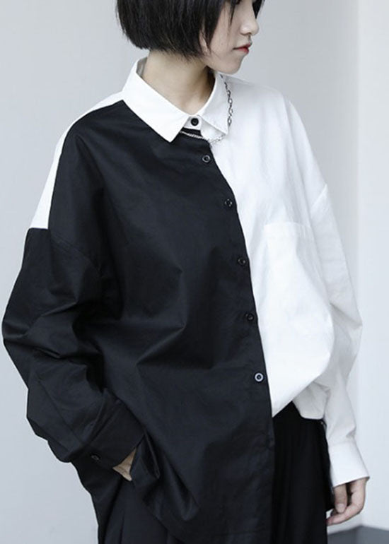French Black Patchwork White Button Fall Long sleeve Shirt Tops