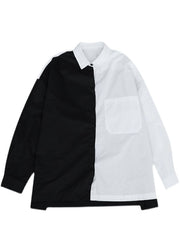 French Black Patchwork White Button Herbst Langarm-Shirt Tops