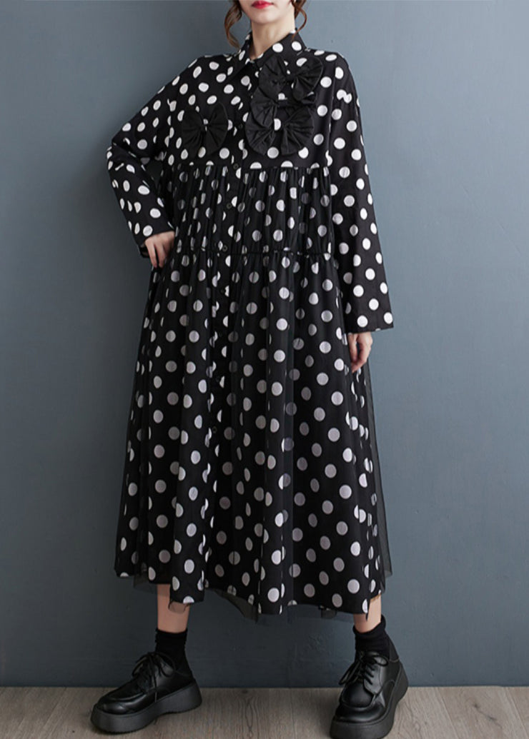 French Black Peter Pan Collar Dot Bow Patchwork Cotton Dresses Fall