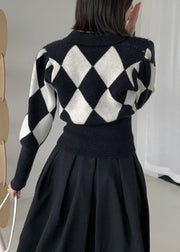 French Black Peter Pan Collar Plaid Knit Sweaters Fall