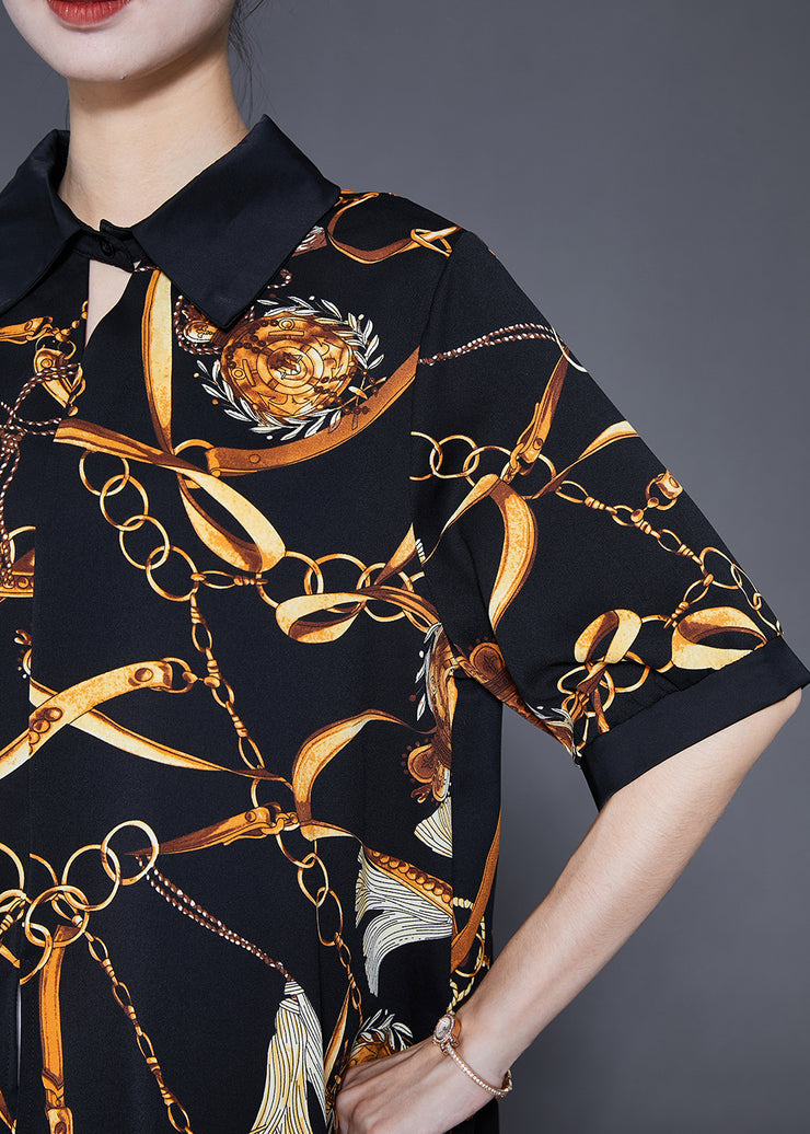 French Black Peter Pan Collar Print Side Open Chiffon Shirt Tops Summer