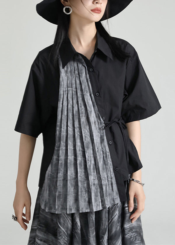 French Black Peter Pan Collar Wrinkled Patchwork Cotton Shirt Summer