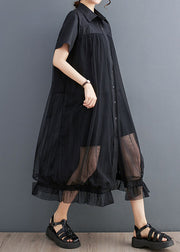 French Black Peter Pan Collar Wrinkled Patchwork Tulle Shirts Dress Summer