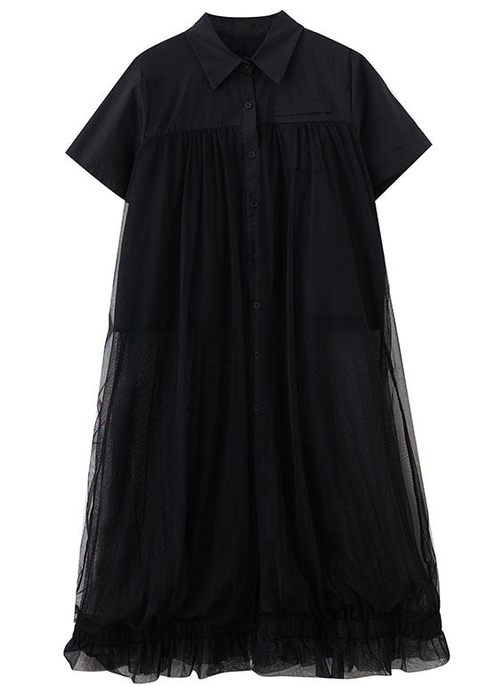 French Black Peter Pan Collar Wrinkled Patchwork Tulle Shirts Dress Summer