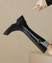 French Black Plaid Buckle Zippered Splicing Boots