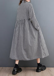 French Black Plaid Button Patchwork Cotton Blouses Dress Fall