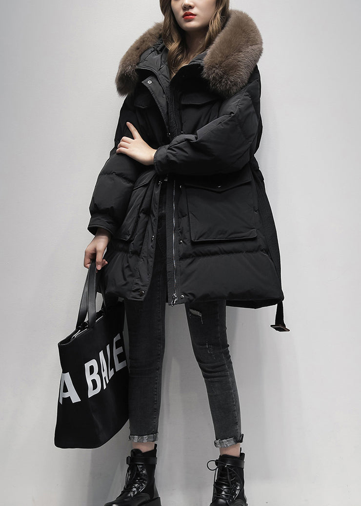 French Black Pockets Hooded Fur Collar Duck Down Winter Coats Winter