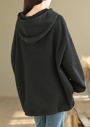 French Black Pockets Patchwork Warm Fleece Hoodies Pullover Winter