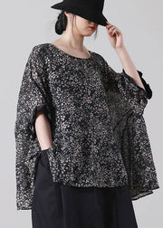 French Black Print Batwing Sleeve Cotton Shirt Top Short Sleeve Summer - SooLinen