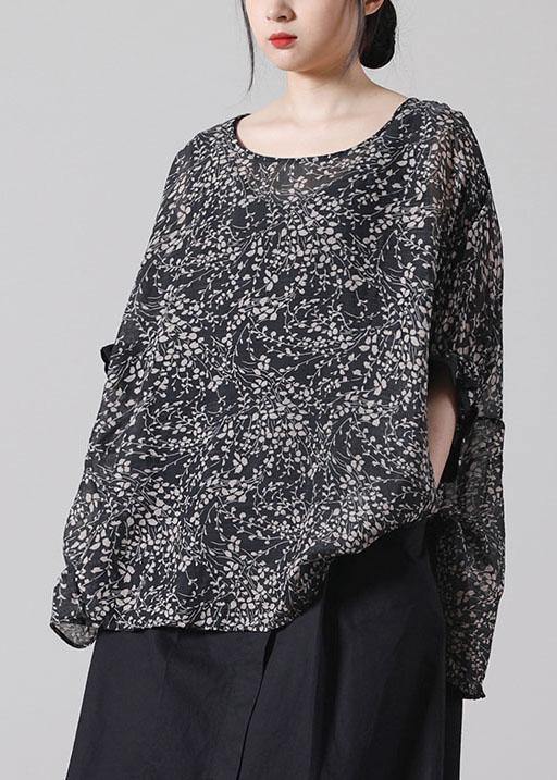 French Black Print Batwing Sleeve Cotton Shirt Top Short Sleeve Summer - SooLinen