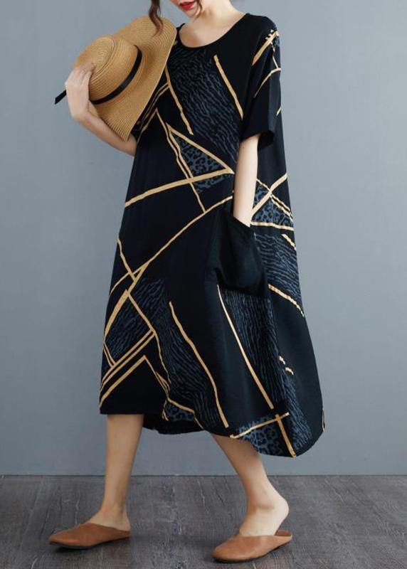 French Black Print Half Sleeve Maxi Summer Cotton Linen Dress - SooLinen
