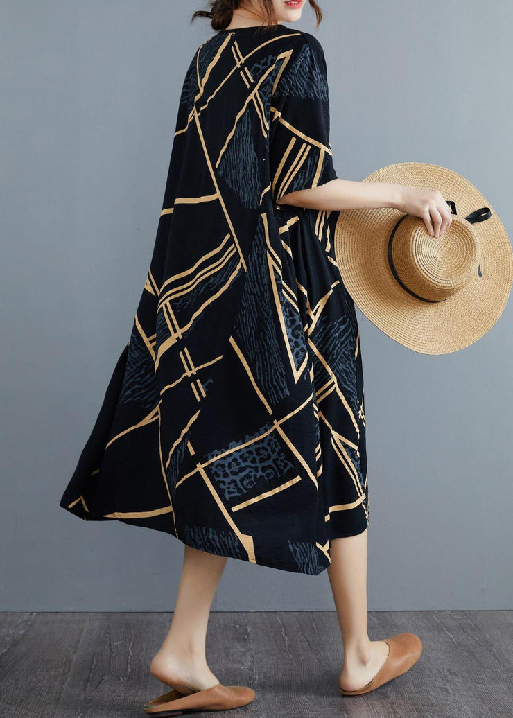 French Black Print Half Sleeve Maxi Summer Cotton Linen Dress - SooLinen