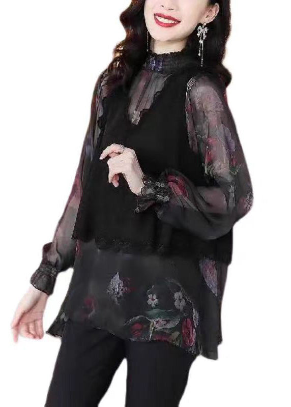 French Black Print Lace Patchwork False Two Pieces Top Long Sleeve