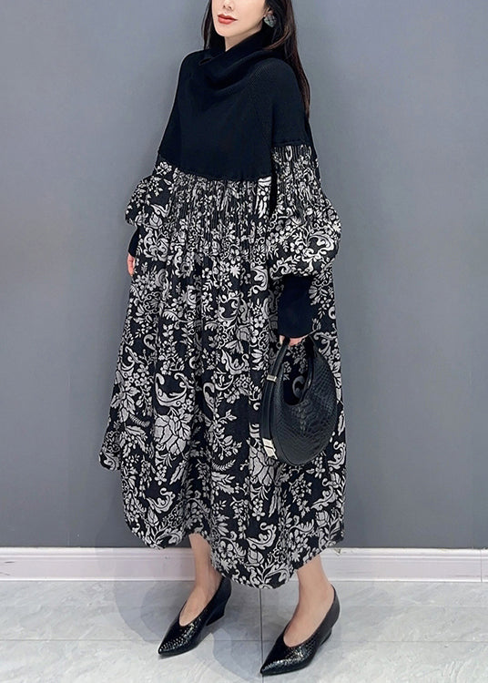 French Black Print Pockets Knit Patchwork Dress Long Sleeve