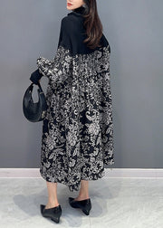 French Black Print Pockets Knit Patchwork Dress Long Sleeve