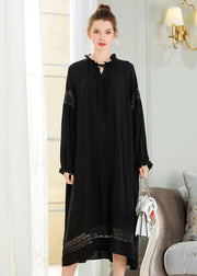 French Black Ruffled Lace Patchwork Cotton Maxi Dress Spring