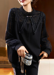 French Black Ruffled Lace Patchwork Cotton Top Long Sleeve