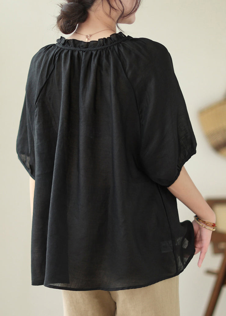 French Black Ruffled Oversized Linen Blouse Tops Summer