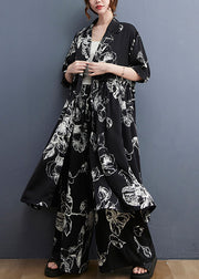 French Black Ruffled Patchwork Print Chiffon Two Pieces Set Spring