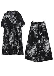 French Black Ruffled Patchwork Print Chiffon Two Pieces Set Spring