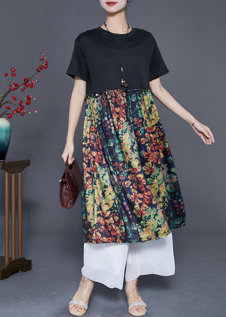 French Black Ruffled Patchwork Print Silk Dress Summer