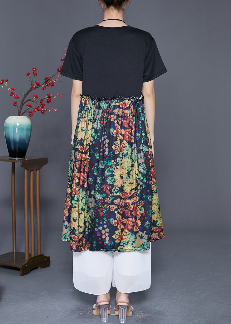 French Black Ruffled Patchwork Print Silk Dress Summer